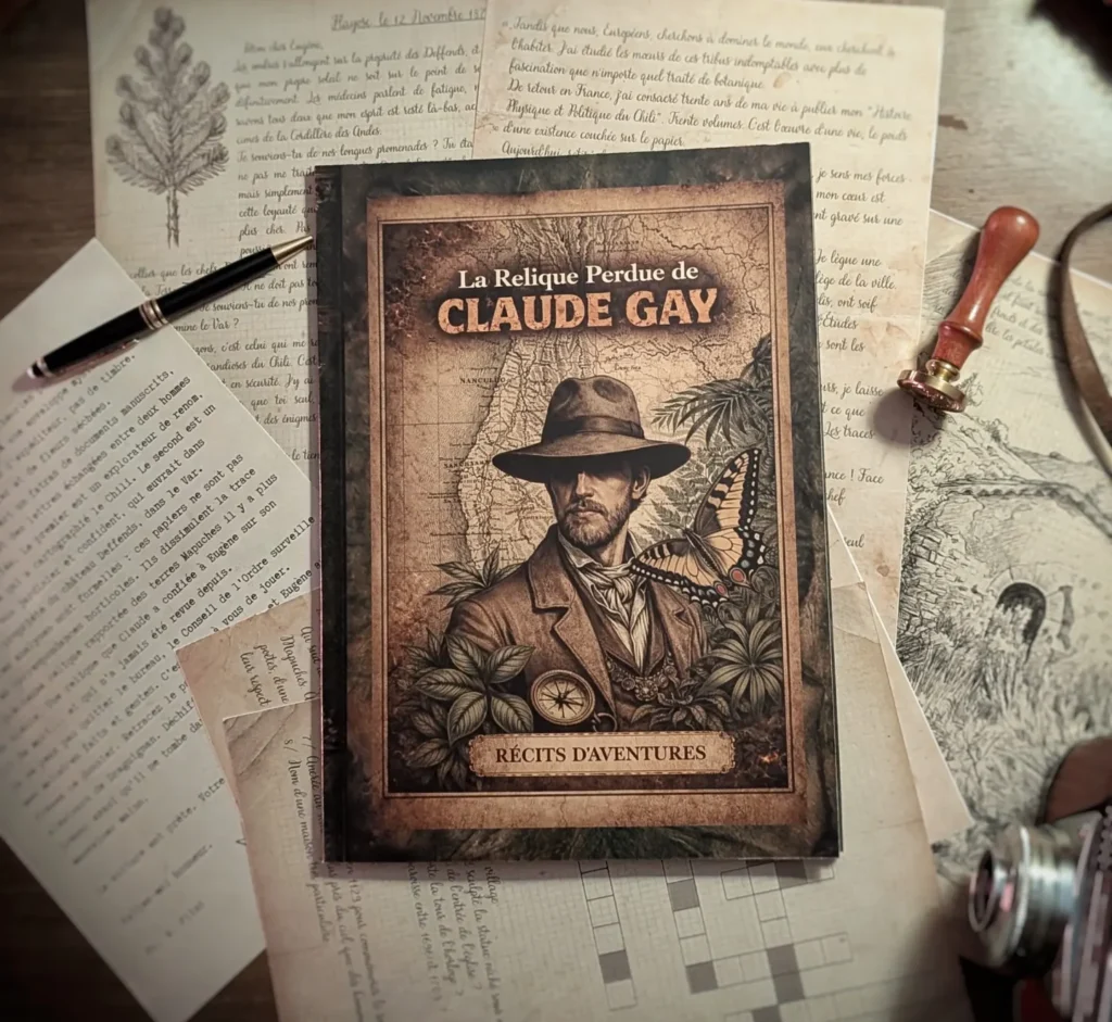 On voit un livre de jeu ainsi que des documents comprenant du texte et des dessins pour résoudre les énigmes de la chasse au trésor