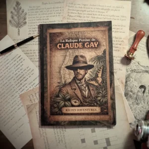 On voit un livre de jeu ainsi que des documents comprenant du texte et des dessins pour résoudre les énigmes de la chasse au trésor